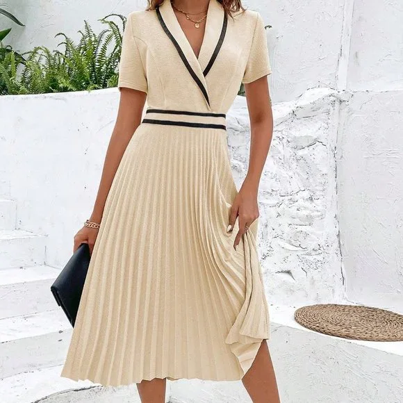 preppy Womens Contrast Binding Pleated Hem Dress - Picture 2 of 5